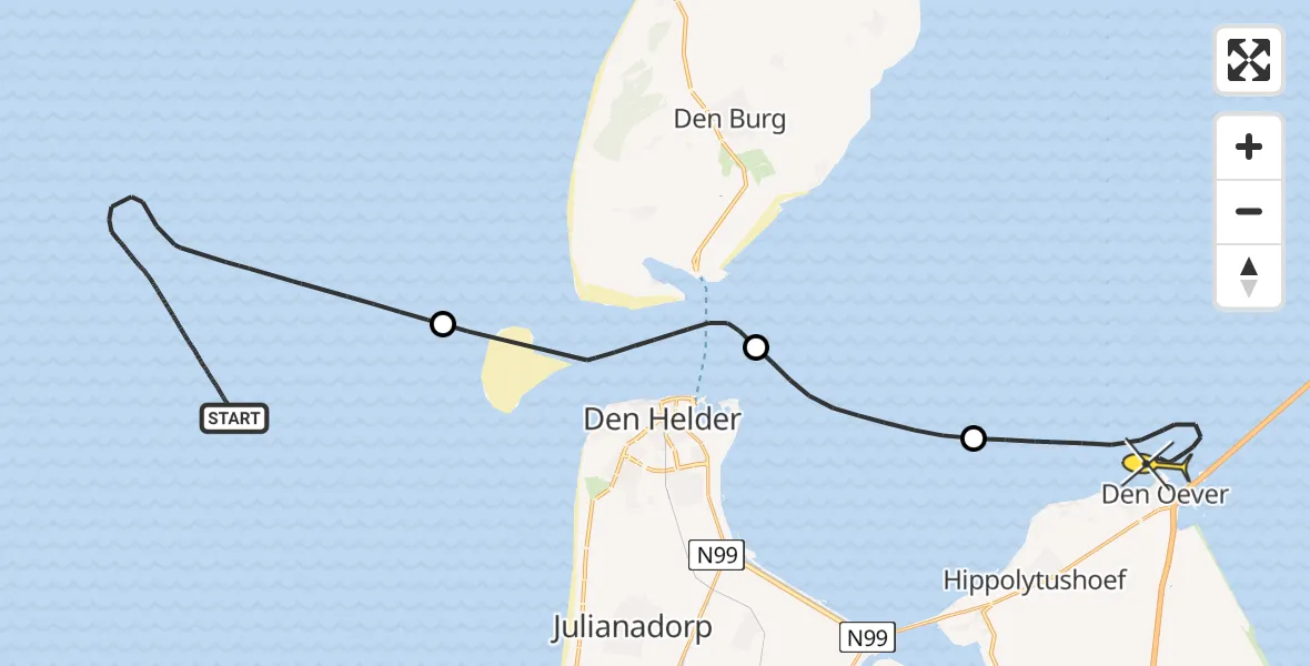 Routekaart van de vlucht: Kustwachthelikopter naar Den Oever, Mosselgaatje