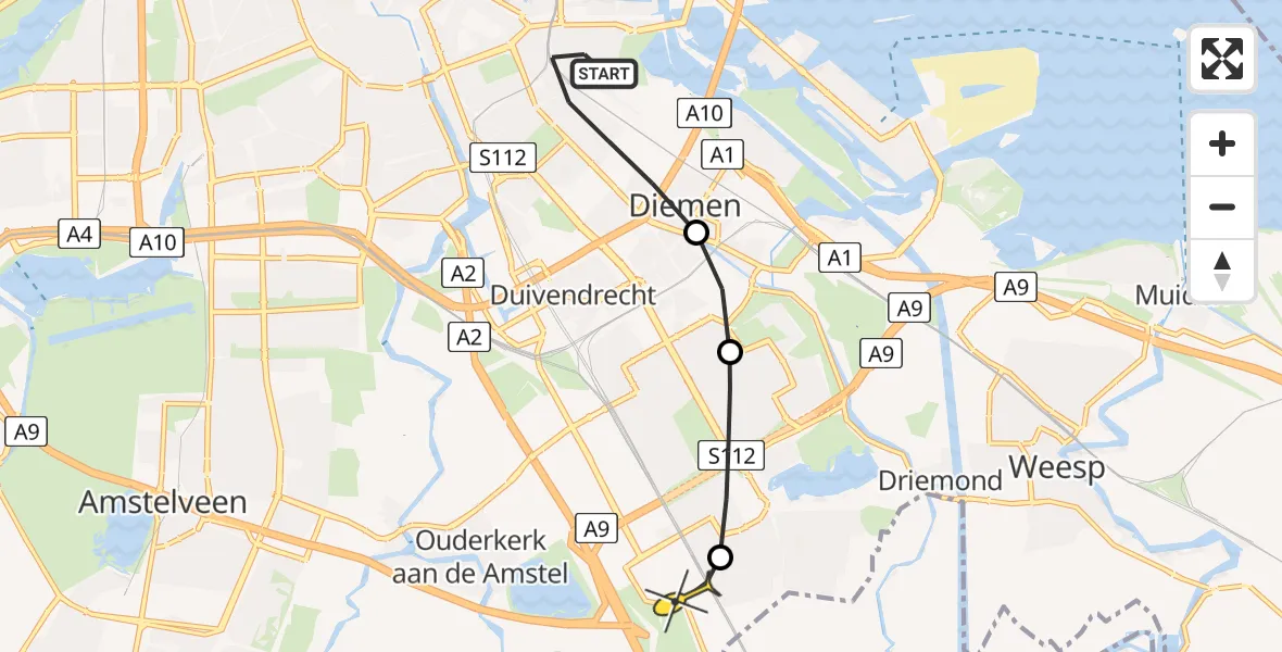 Routekaart van de vlucht: Lifeliner 1 naar Academisch Medisch Centrum (AMC), Newtonstraat