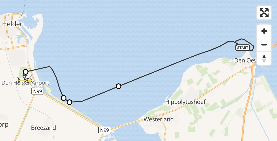 Routekaart van de vlucht: Kustwachthelikopter naar Vliegveld De Kooy, Dokweg