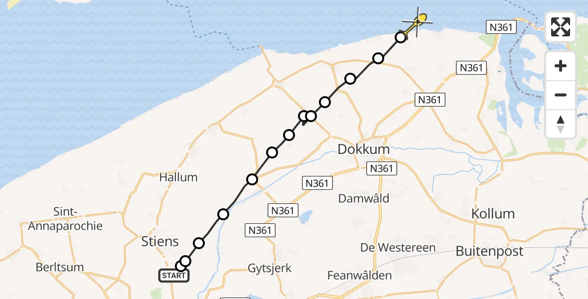 Routekaart van de vlucht: Ambulanceheli naar Nes, Aldlânsdyk