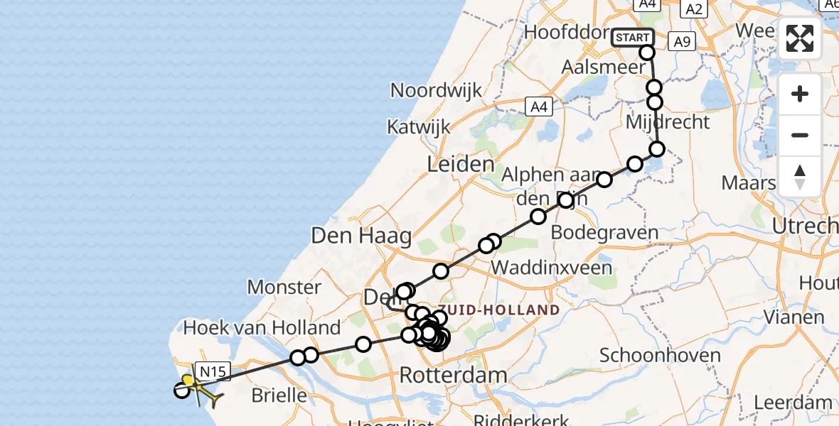 Routekaart van de vlucht: Politieheli naar Rockanje, Rietwijkeroordweg