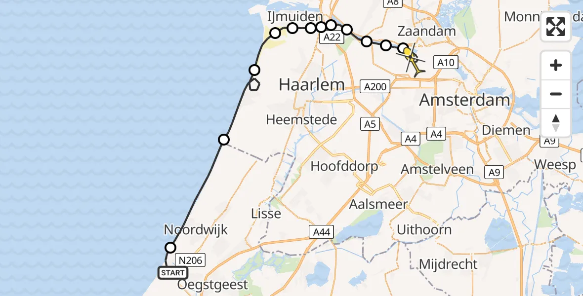 Routekaart van de vlucht: Lifeliner 1 naar Amsterdam Heliport, Strandafrit 1-3