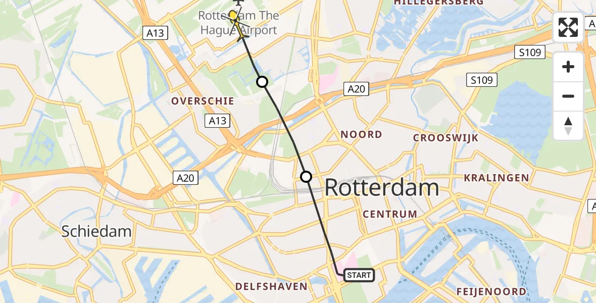 Routekaart van de vlucht: Lifeliner 2 naar Rotterdam The Hague Airport, 's-Gravendijkwal