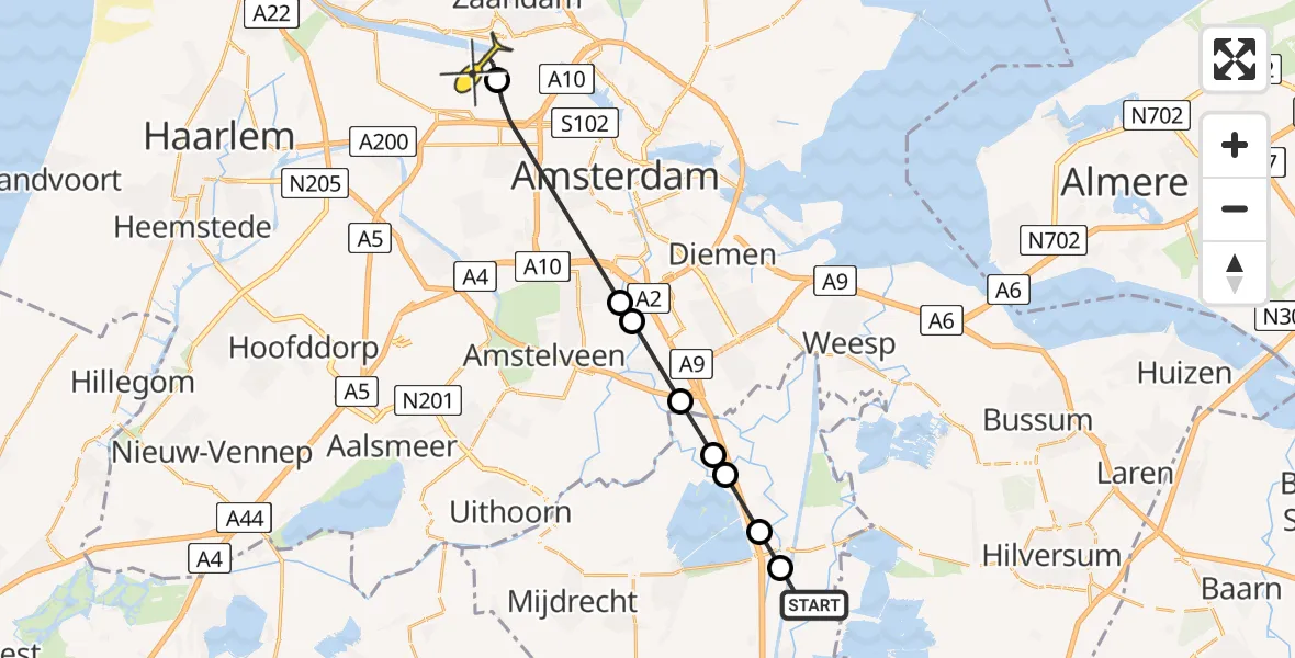 Routekaart van de vlucht: Lifeliner 1 naar Amsterdam Heliport, Cronenburgherlaan