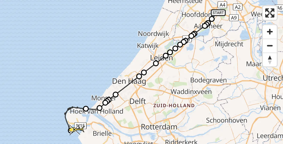 Routekaart van de vlucht: Politieheli naar Rockanje, Thermiekstraat