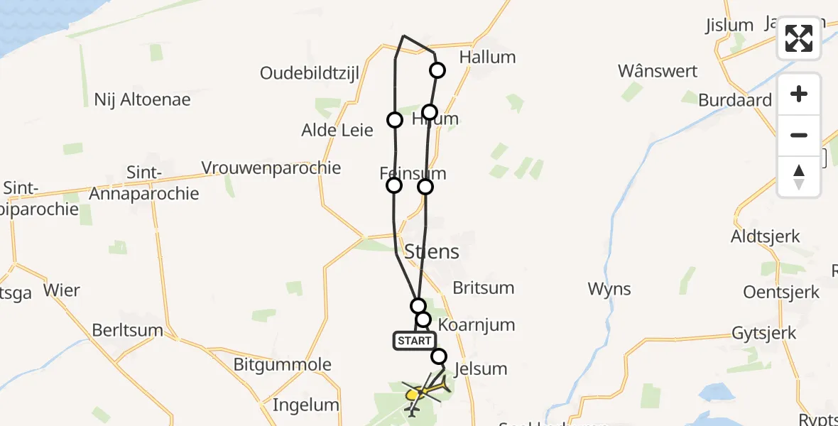 Routekaart van de vlucht: Ambulanceheli naar Vliegbasis Leeuwarden, Brédyk