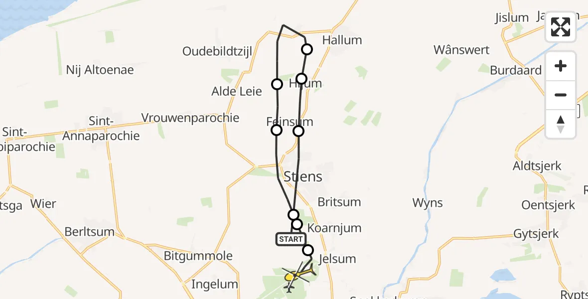 Vluchtroute Ambulancehelikopter van Vliegbasis Leeuwarden naar Vliegbasis Leeuwarden