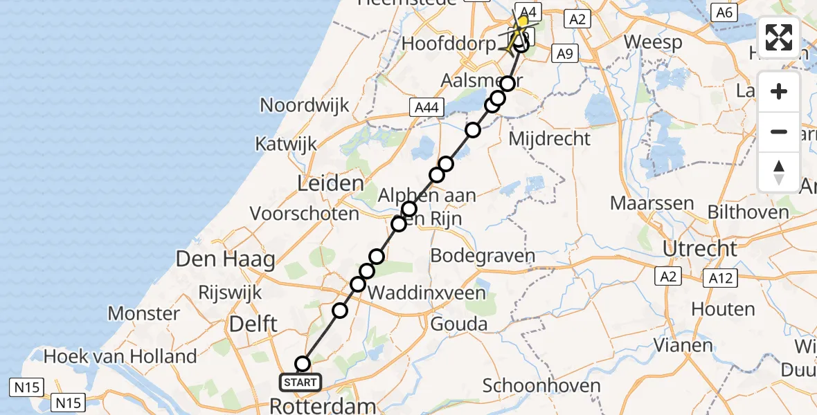 Routekaart van de vlucht: Politieheli naar Schiphol, A16 Rotterdam