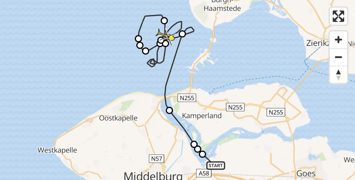 Routekaart van de vlucht: Kustwachthelikopter naar Burgh-Haamstede, Oranjeplaatweg