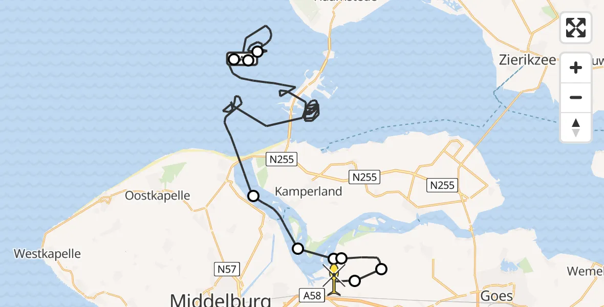 Routekaart van de vlucht: Kustwachthelikopter naar Vliegveld Midden-Zeeland, Binnenhaven Noordland