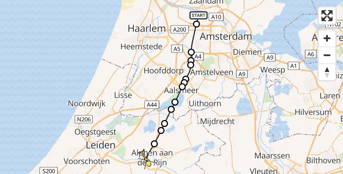 Routekaart van de vlucht: Lifeliner 1 naar Alphen aan den Rijn, Nieuw-Zeelandweg