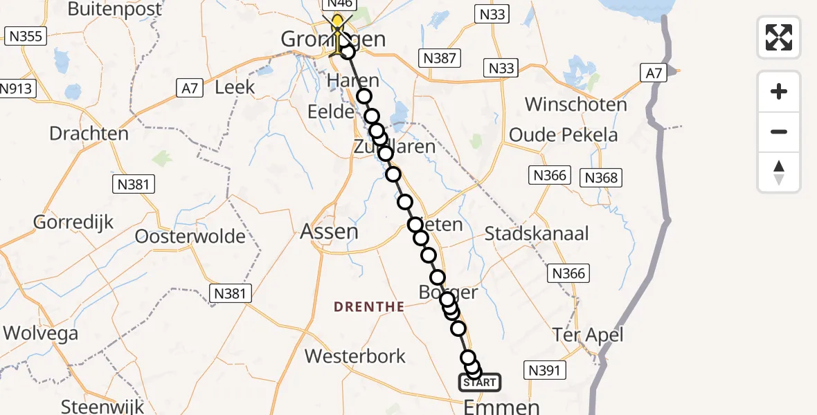 Routekaart van de vlucht: Lifeliner 4 naar Universitair Medisch Centrum Groningen, Zijtak