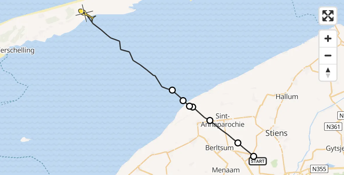 Routekaart van de vlucht: Ambulanceheli naar Oosterend, Lytsedyk