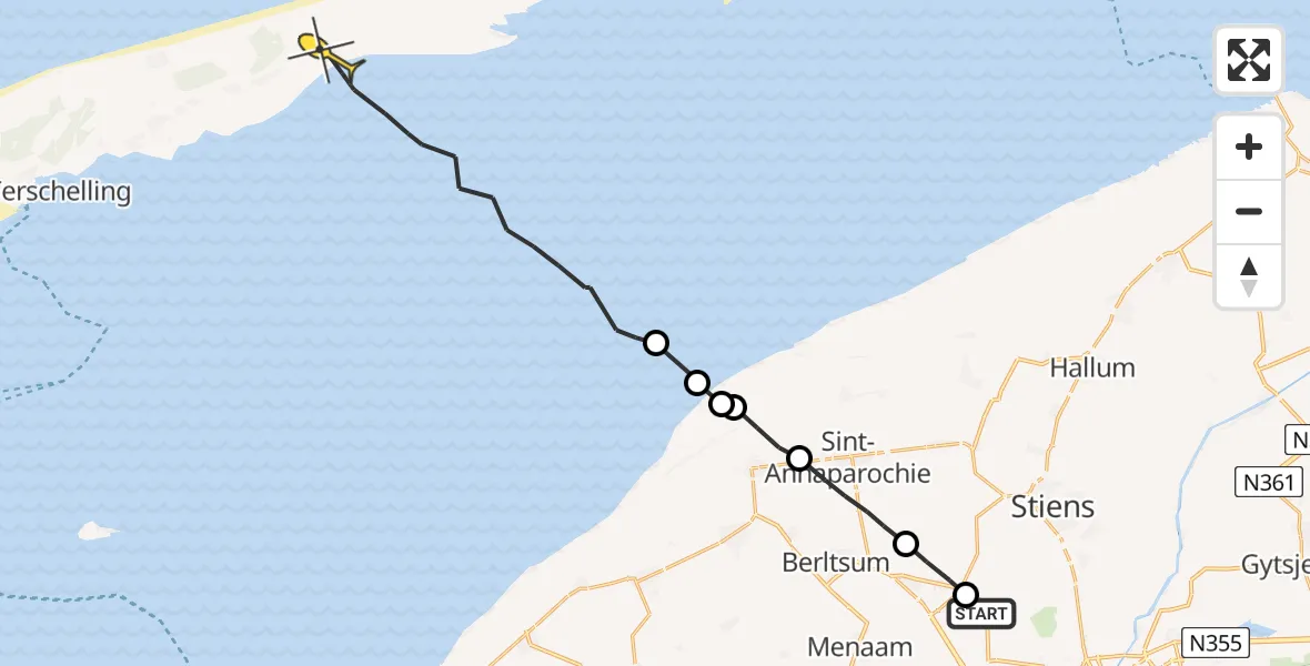 Routekaart van de vlucht: Ambulancehelikopter naar Oosterend, Lytsedyk