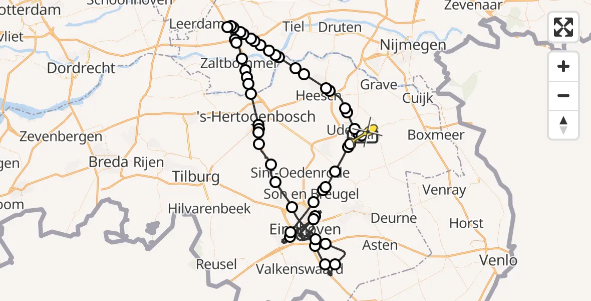 Routekaart van de vlucht: Politieheli naar Vliegbasis Volkel, Zonnepark Hoogveld Zuid