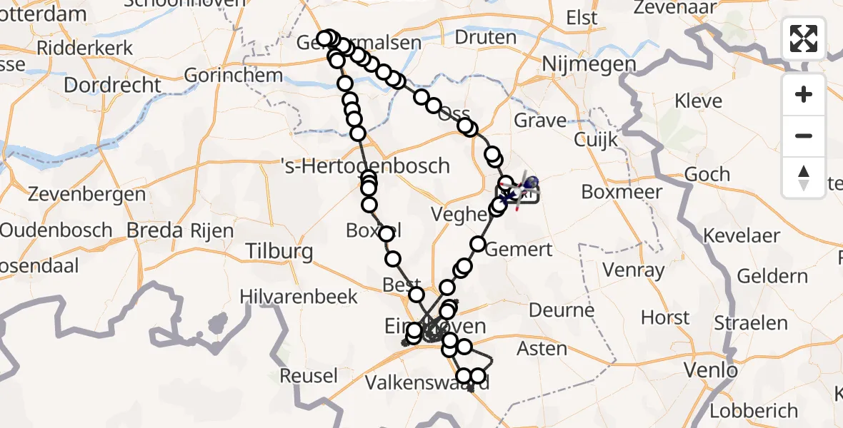 Vluchtroute Politiehelikopter van Vliegbasis Volkel naar Vliegbasis Volkel