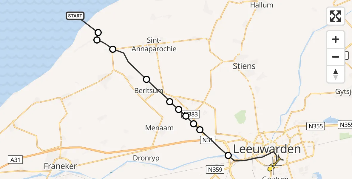 Routekaart van de vlucht: Ambulanceheli naar Leeuwarden, Oudebildtdijk