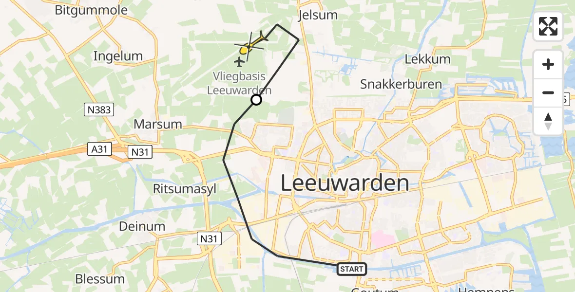 Vluchtroute Ambulancehelikopter van Leeuwarden naar Vliegbasis Leeuwarden