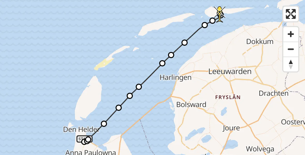 Routekaart van de vlucht: Kustwachthelikopter naar Ballum, Middenvliet