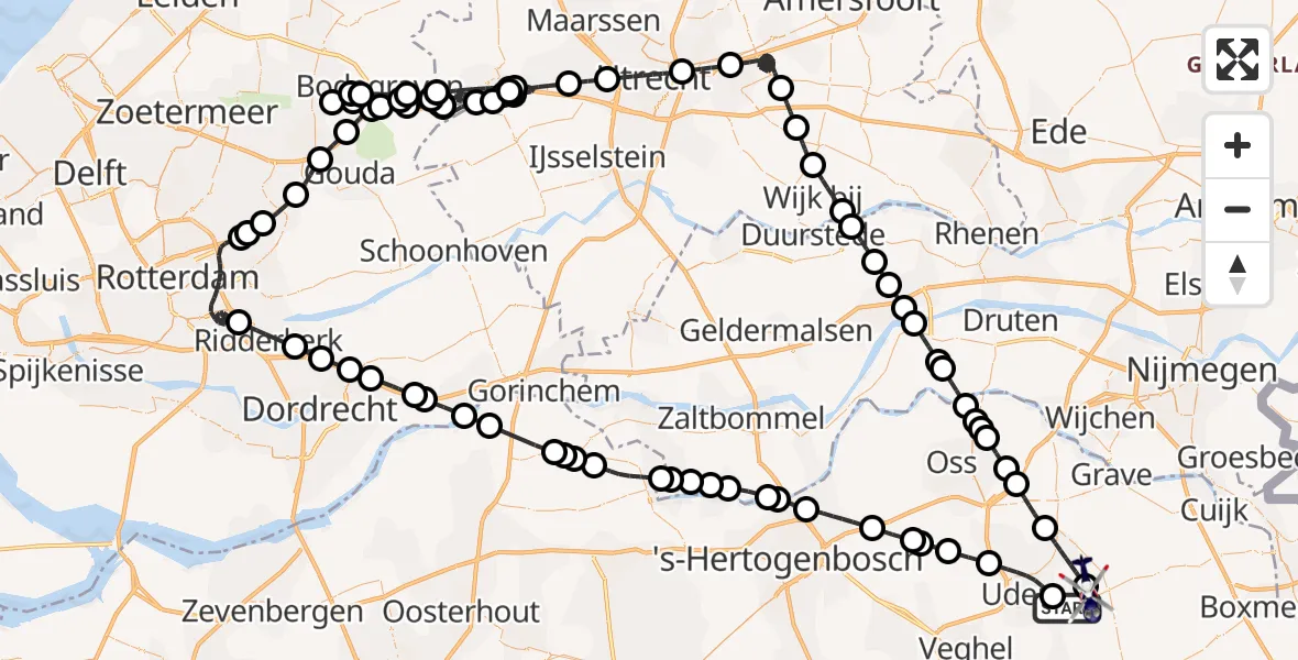 Vluchtroute Politiehelikopter van Vliegbasis Volkel naar Vliegbasis Volkel