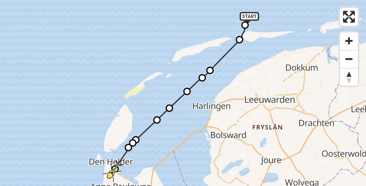 Routekaart van de vlucht: Kustwachthelikopter naar Vliegveld De Kooy, Westgat