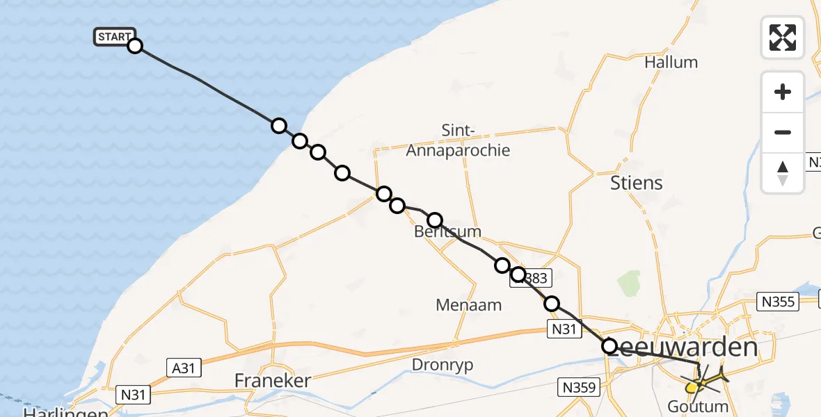 Routekaart van de vlucht: Ambulanceheli naar Leeuwarden, Aldlânsdyk