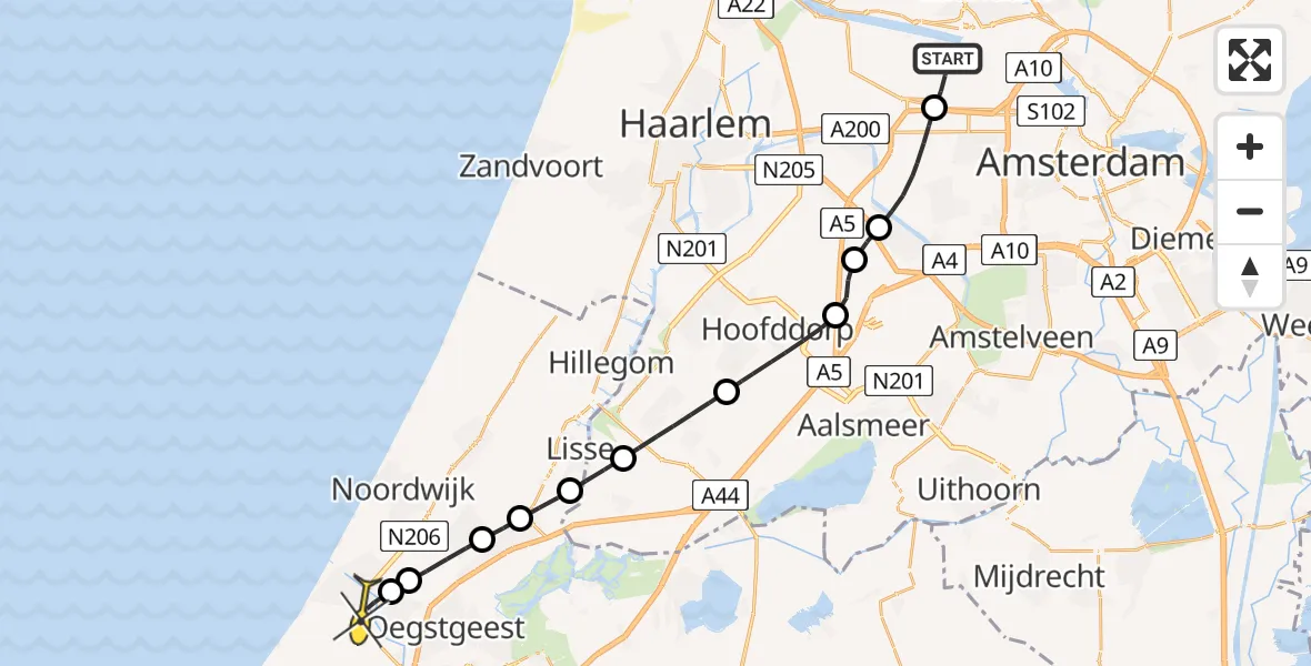 Routekaart van de vlucht: Lifeliner 1 naar Katwijk, Nieuw-Zeelandweg