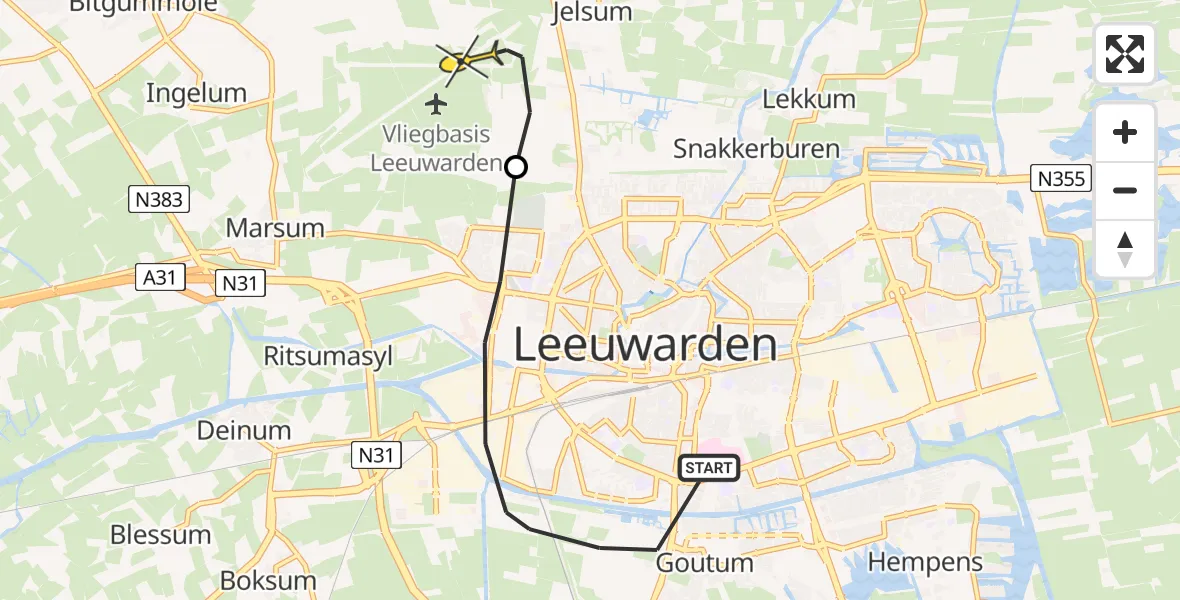 Vluchtroute Ambulancehelikopter van Leeuwarden naar Vliegbasis Leeuwarden