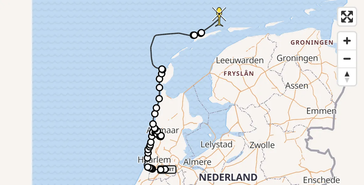 Routekaart van de vlucht: Politieheli naar Amsterdam-Bataviaweg