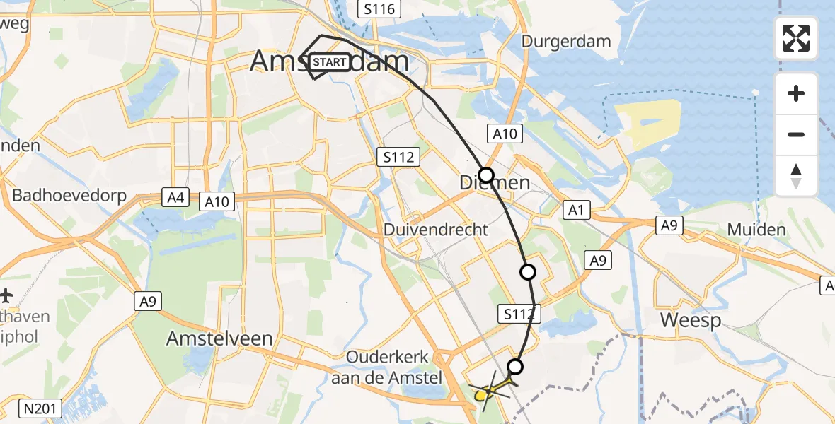 Routekaart van de vlucht: Lifeliner 1 naar Academisch Medisch Centrum (AMC), Bloemstraat