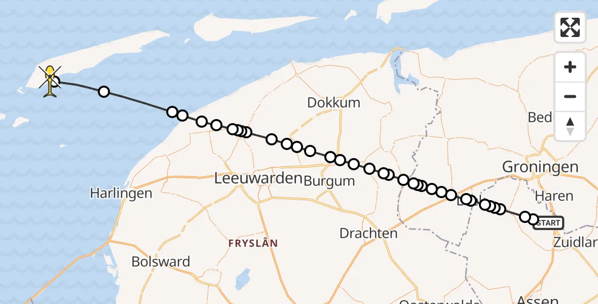 Routekaart van de vlucht: Lifeliner 4 naar West-Terschelling, Molenweg