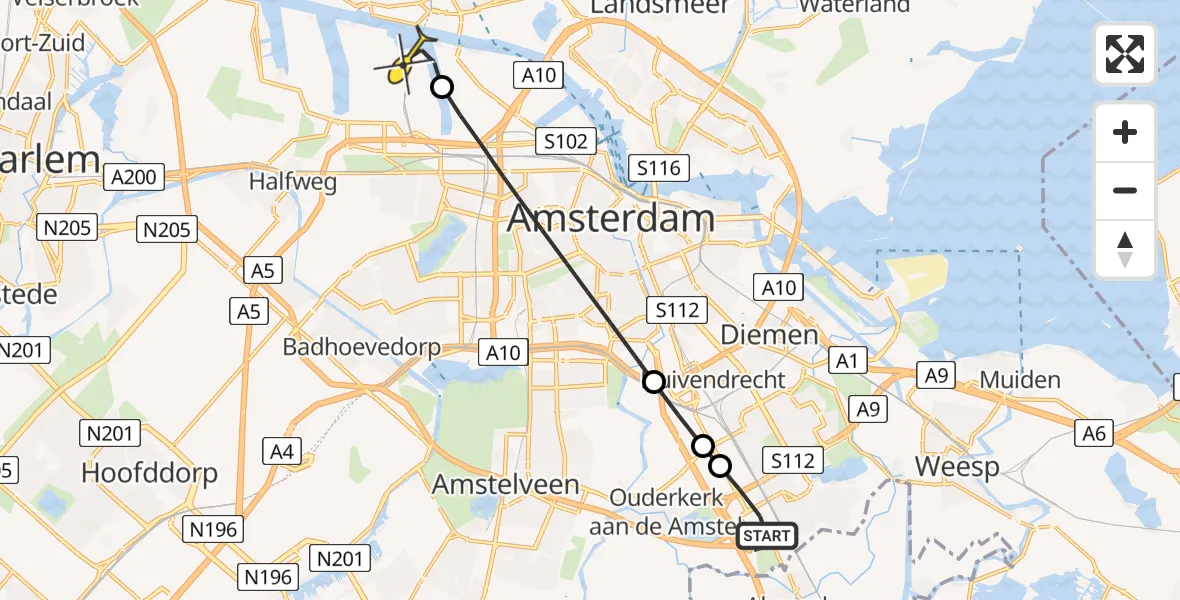 Routekaart van de vlucht: Lifeliner 1 naar Amsterdam Heliport, Abcouderstraatweg