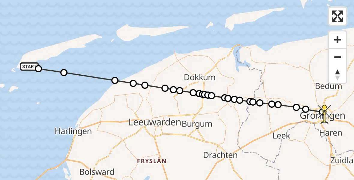 Routekaart van de vlucht: Lifeliner 4 naar Universitair Medisch Centrum Groningen, De Kom