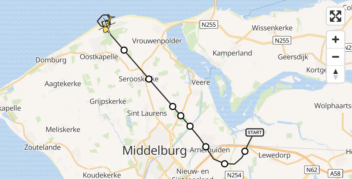 Routekaart van de vlucht: Kustwachthelikopter naar Oostkapelle, Postweg