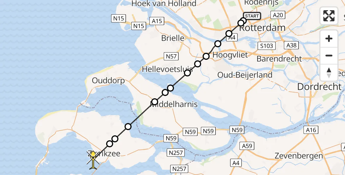 Routekaart van de vlucht: Lifeliner 2 naar Zierikzee, Vliegveldweg