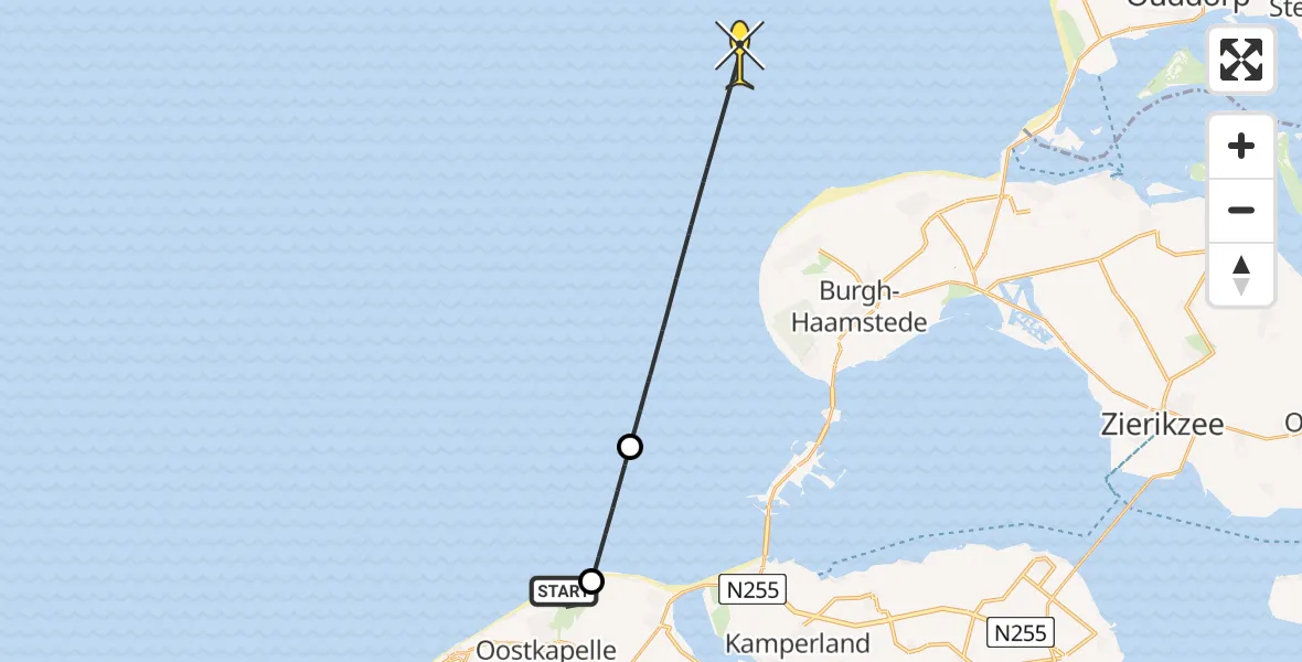 Vluchtroute Kustwachthelikopter van Oostkapelle naar 