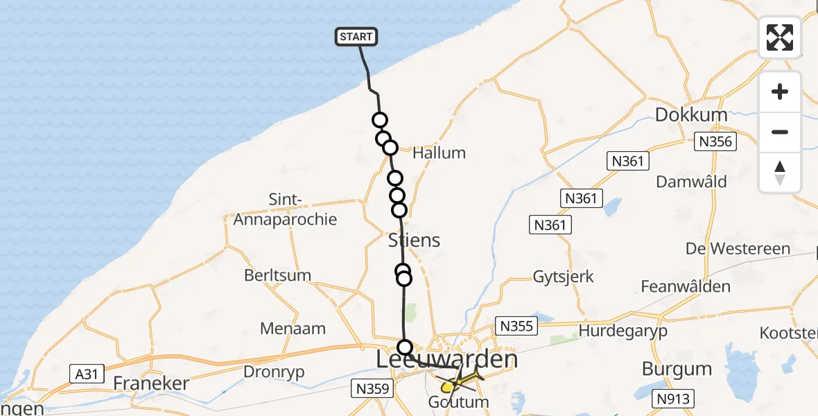 Routekaart van de vlucht: Ambulanceheli naar Leeuwarden, Borniastraat