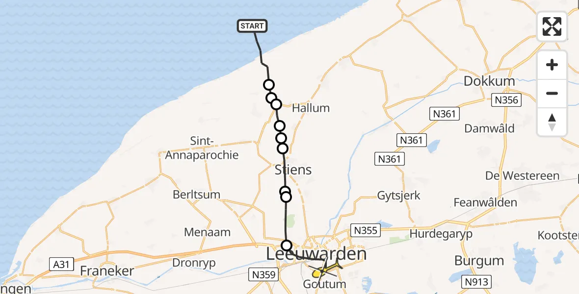 Routekaart van de vlucht: Ambulancehelikopter naar Leeuwarden, Borniastraat