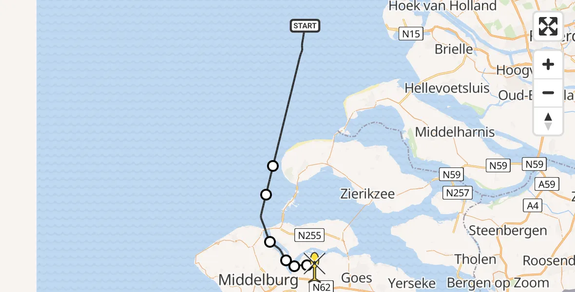 Routekaart van de vlucht: Kustwachthelikopter naar Wolphaartsdijk, Schengeweg