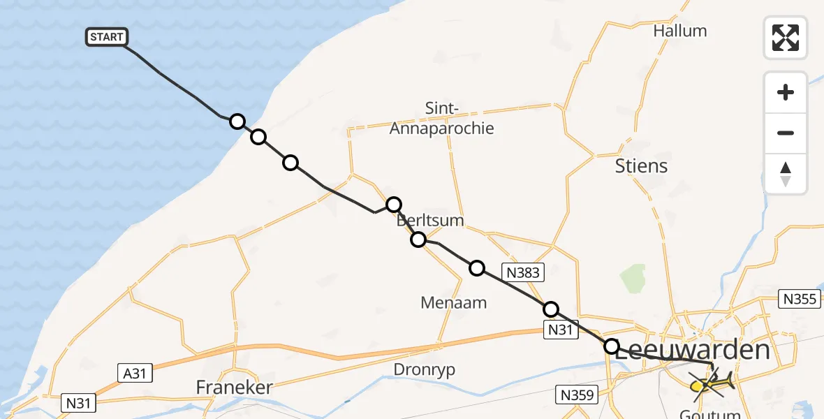 Routekaart van de vlucht: Ambulanceheli naar Leeuwarden, Borniastraat