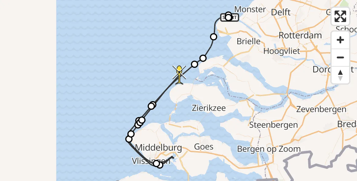 Routekaart van de vlucht: Politieheli naar Maasgeul