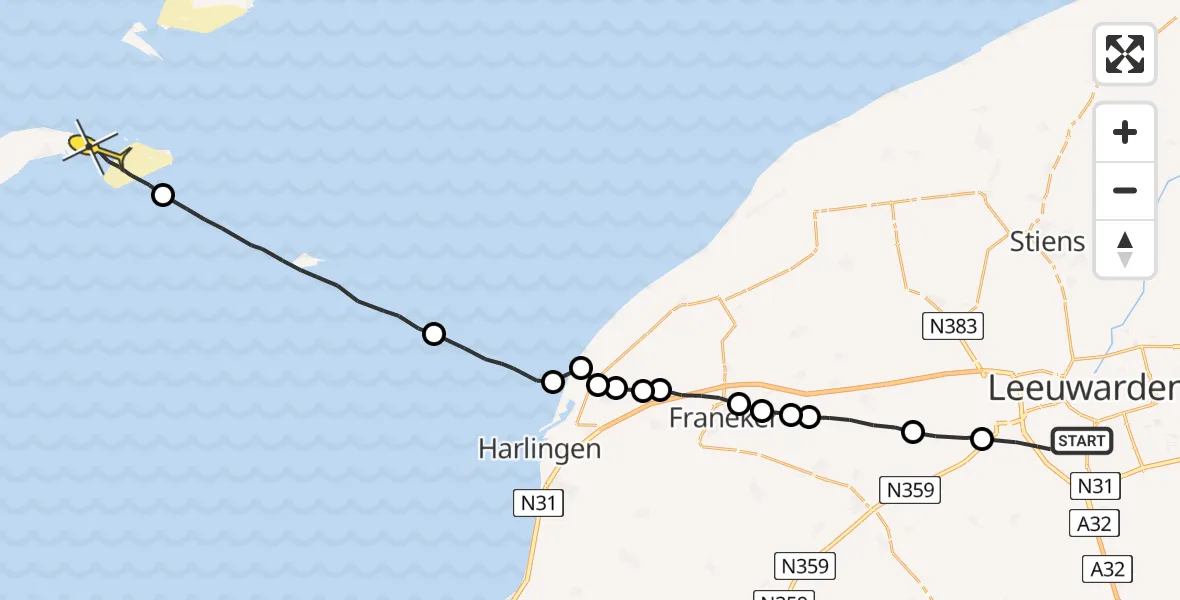 Routekaart van de vlucht: Ambulanceheli naar Vlieland, Swettepaad