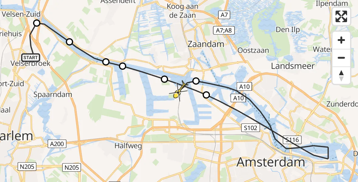 Routekaart van de vlucht: Lifeliner 1 naar Amsterdam Heliport, Grote Buitendijk