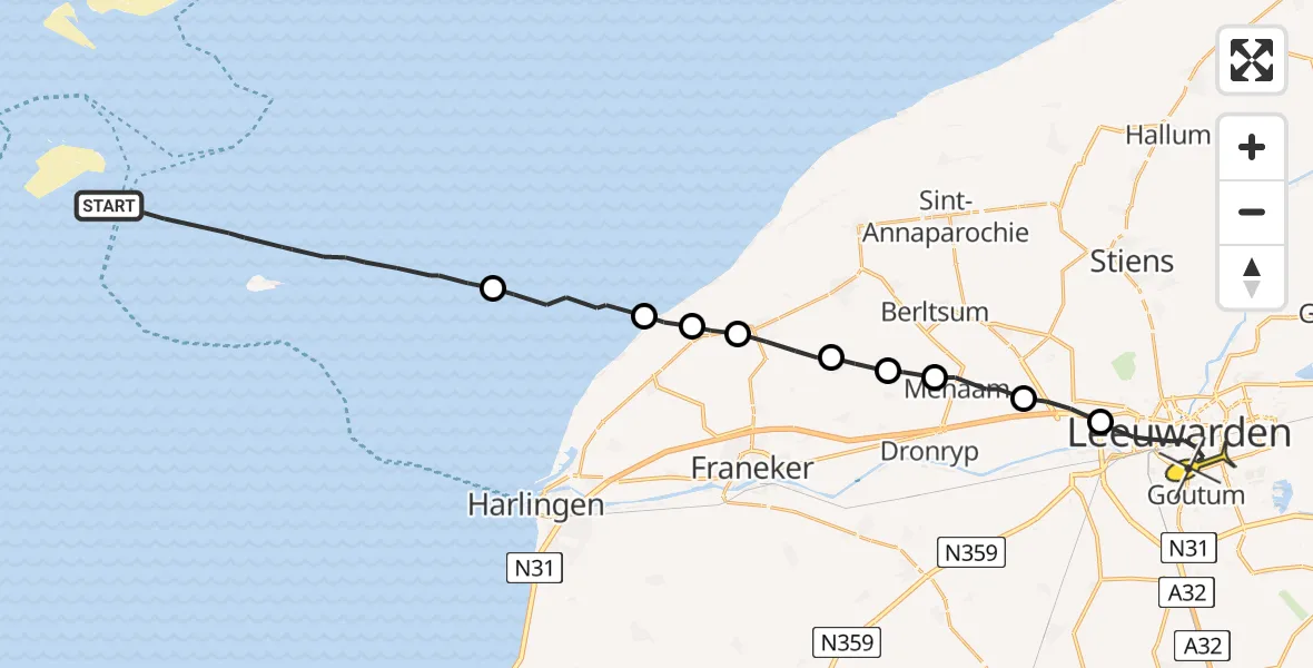 Routekaart van de vlucht: Ambulanceheli naar Leeuwarden, Aldlânsdyk