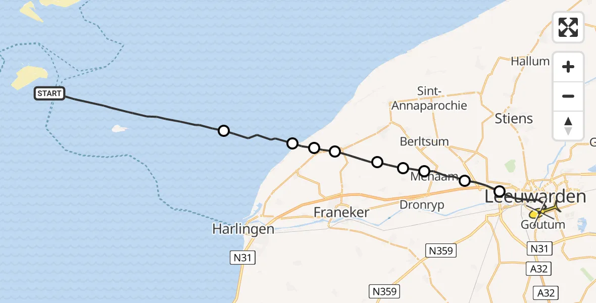 Routekaart van de vlucht: Ambulancehelikopter naar Leeuwarden, Aldlânsdyk