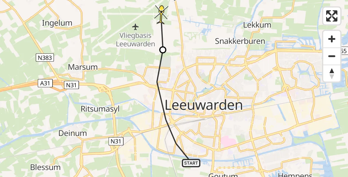 Routekaart van de vlucht: Ambulanceheli naar Vliegbasis Leeuwarden, De Zwette I