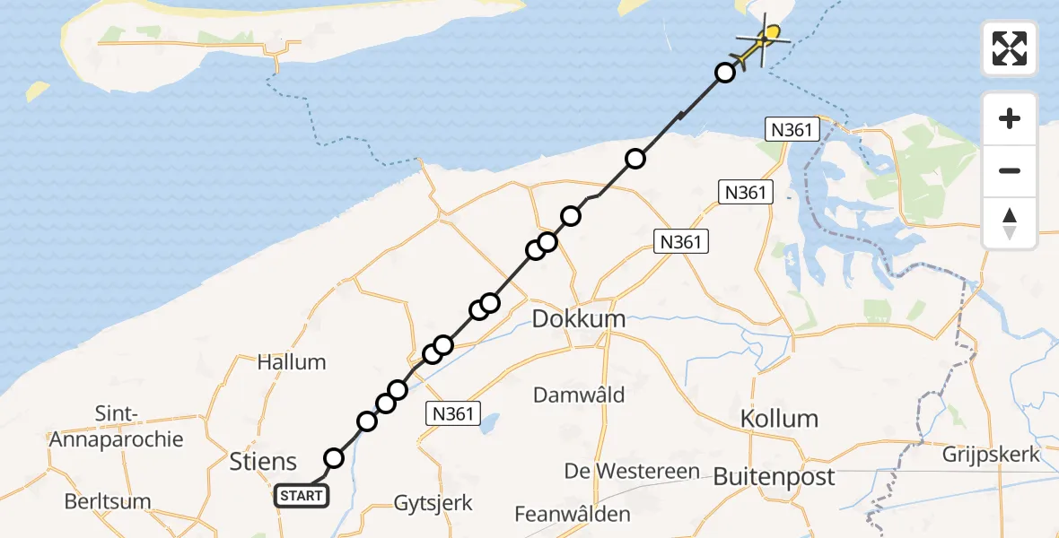 Routekaart van de vlucht: Ambulanceheli naar Schiermonnikoog, Swynserreed