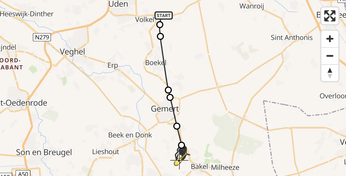 Routekaart van de vlucht: Politieheli naar Bakel, Oosterheidestraat