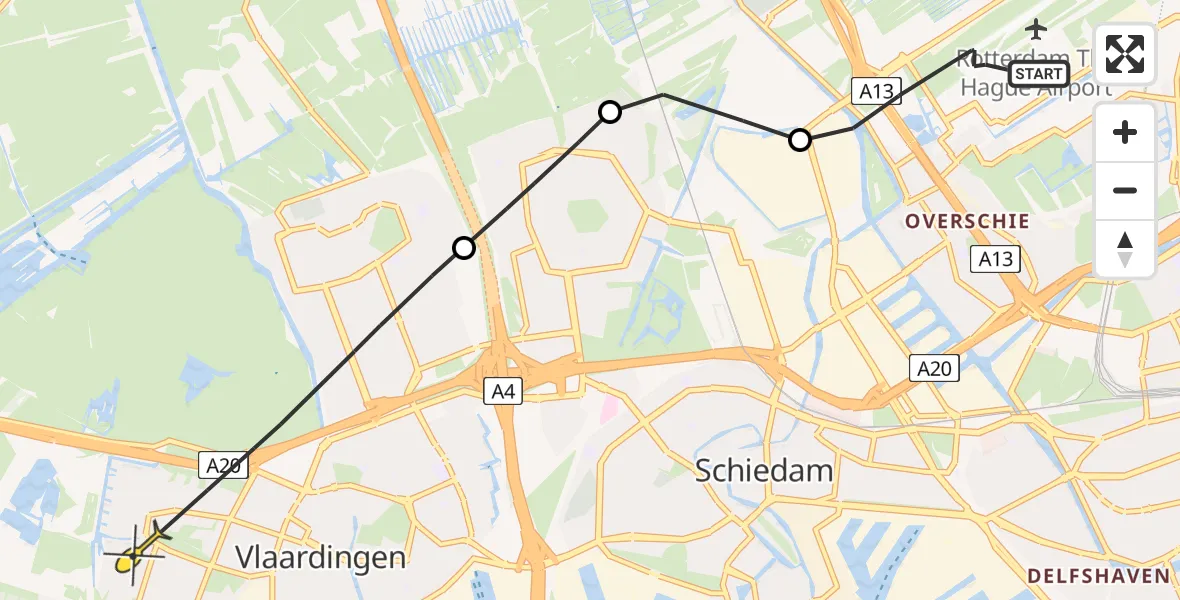 Routekaart van de vlucht: Politieheli naar Vlaardingen, Fairoaksbaan