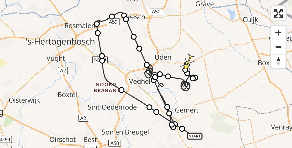 Routekaart van de vlucht: Politieheli naar Vliegbasis Volkel, Speurgt